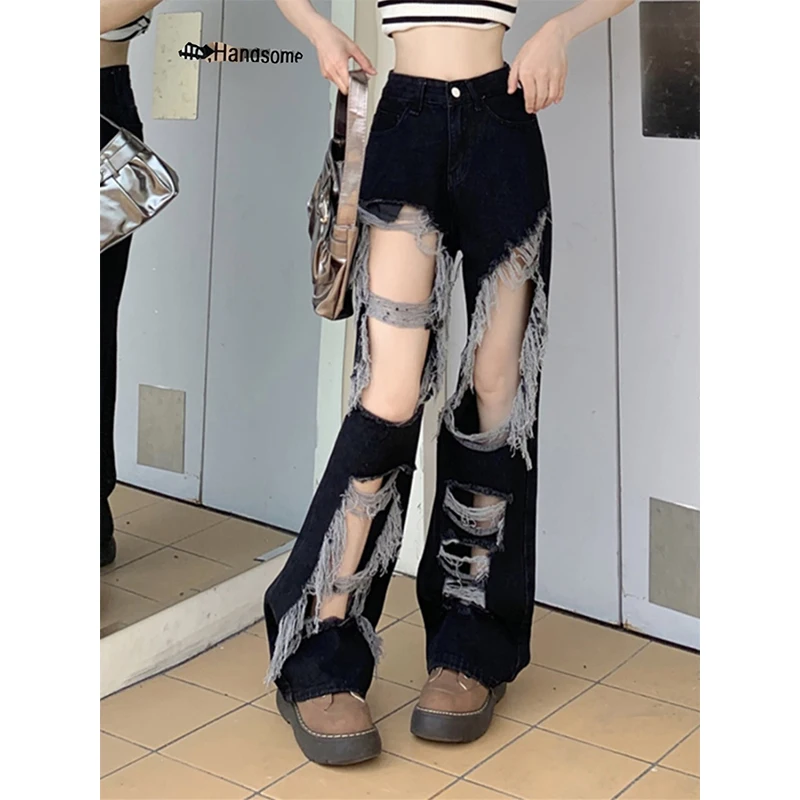 American High Street Jeans Women Button Zipper Pocket Hole Hotsweet High Waist Loose Full Length Straight Wide Leg Denim Pants