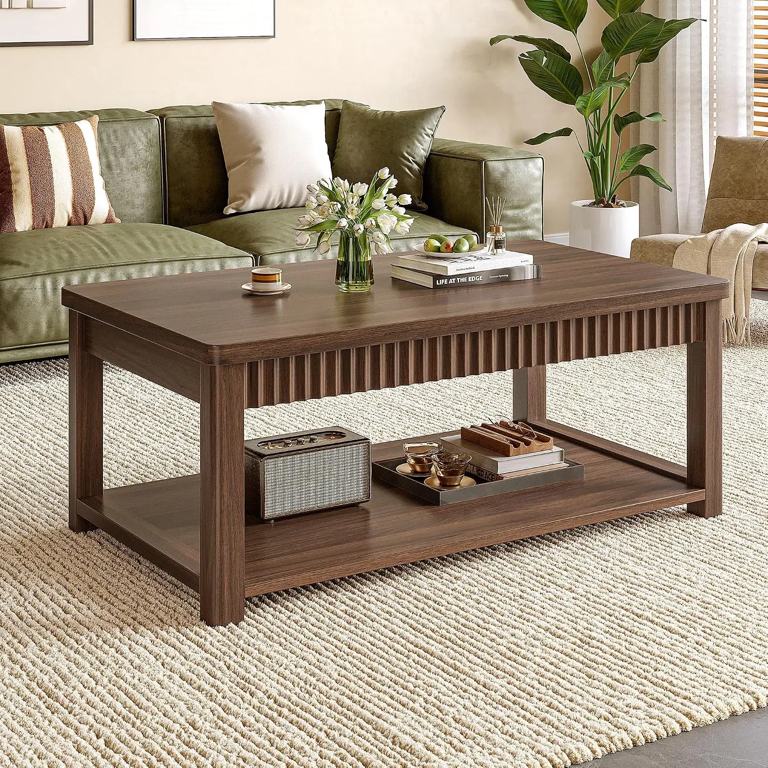 Modern Coffee Table 39 Inch 2-Tier Storage Wave-Edge Walnut Living Room Bedroom Office, Customized