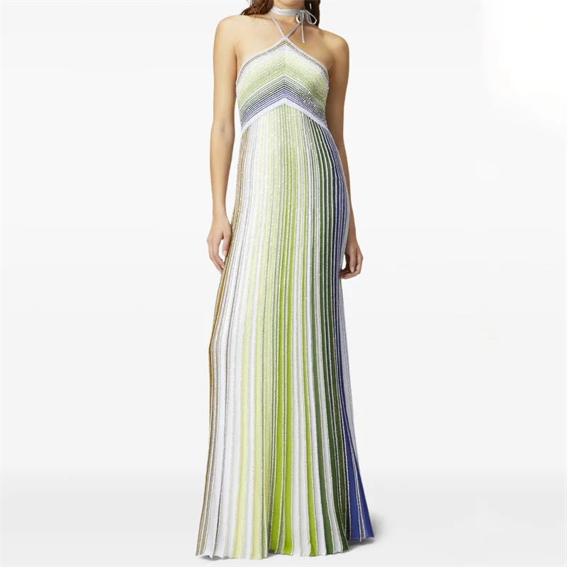 

Women's dress New sexy off shoulder sleeveless long dresses for summer 2025 Metal yarn blended striped dress y2k party dresses