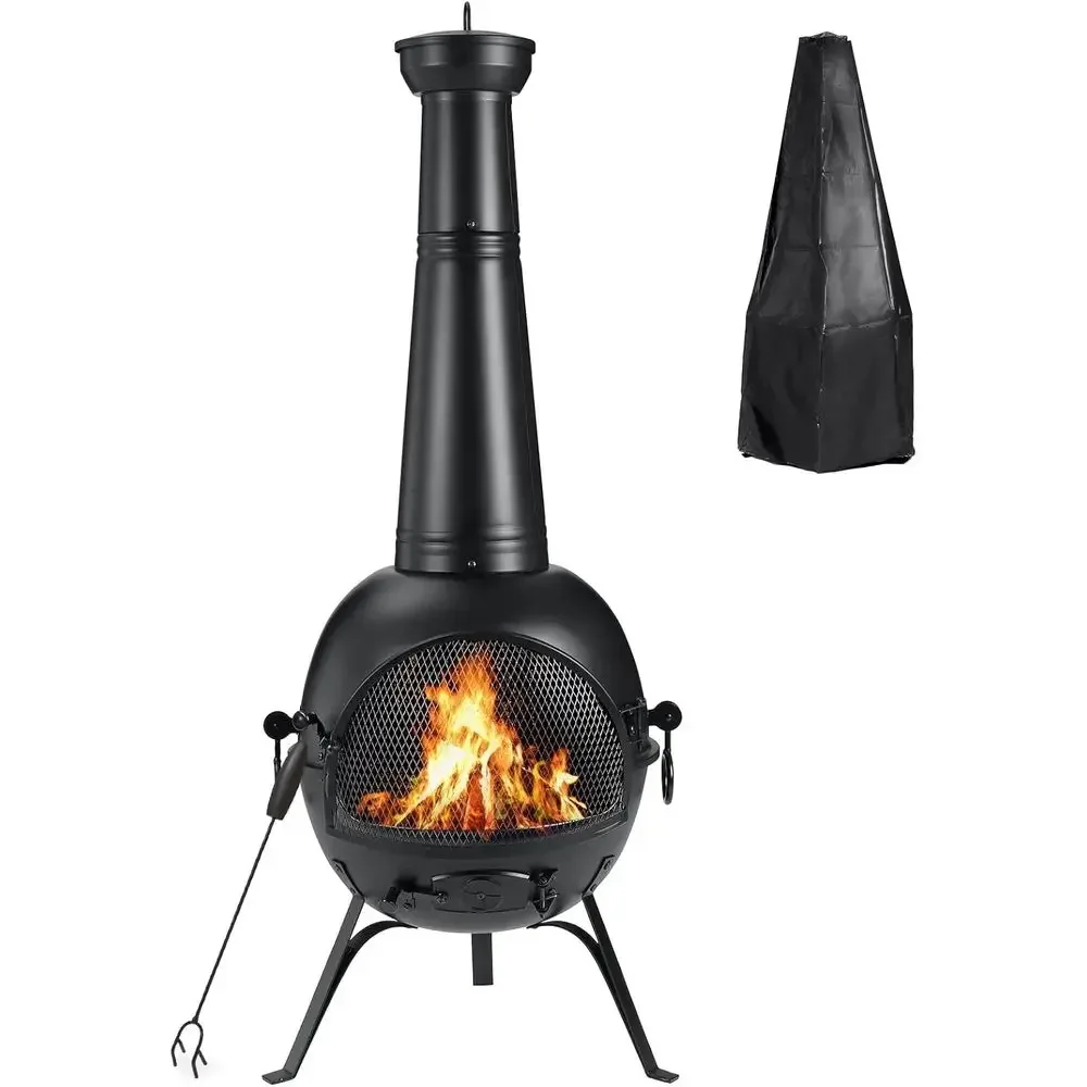 Outdoor Wooden Fire Pit with Chiminea Cover, Rust-Resistant Black Iron