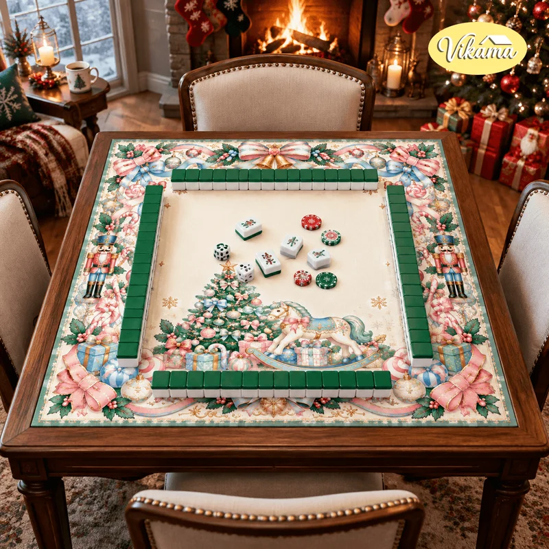 Christmas Nutcracker Rocking Horse Mahjong Mat Non Slip Foldable Cover for Dining Room Family Game Night Holiday Decor