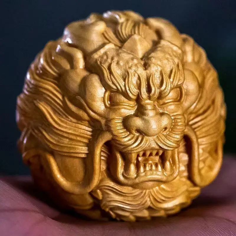 Yellow Wood Carving Hand Handle Piece Zodiac Dragon Player Health Ball Portable Plate Panlong Phoenix Text Play Carving Crafts