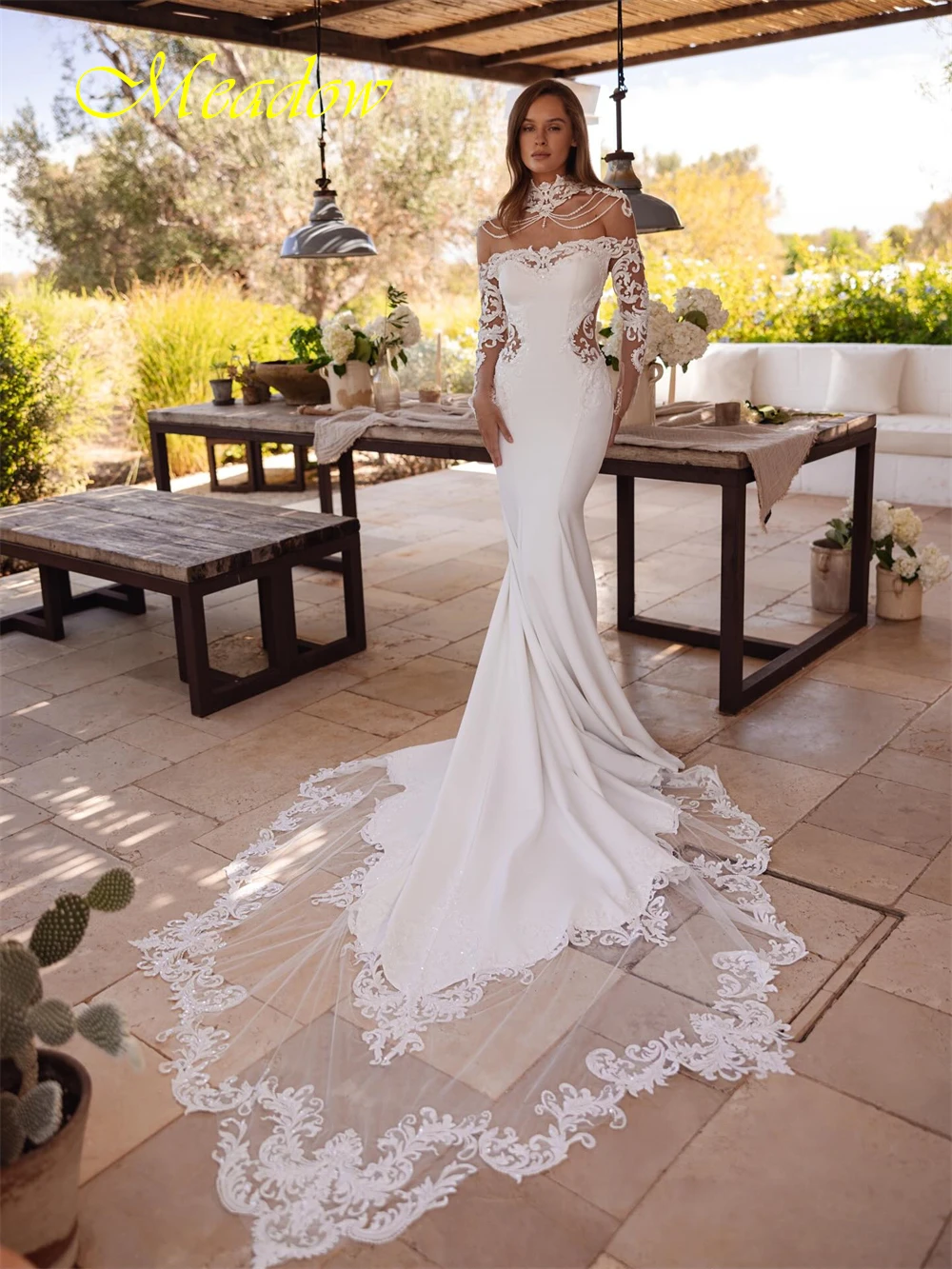 فستان زفاف مثير من الساتان الأبيض مخصص برقبة قارب وأكمام طويلة زي العرائس حالمة حورية البحر ذيل محكمة فيستدو دي نوفيا #4