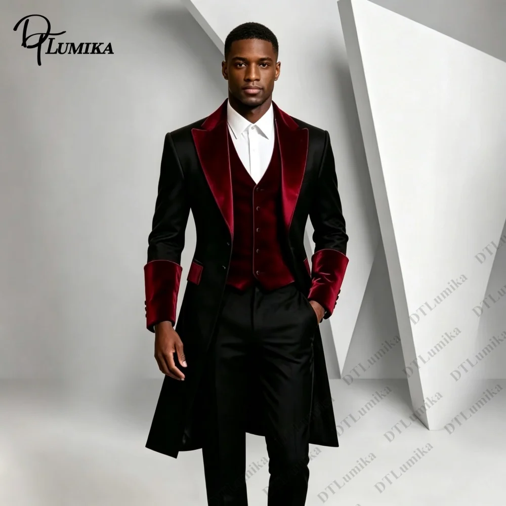 Flannel Collar Black Burgundy Contrast Long Men 3 Piece Tuxedo Jacket Vest Pants Mens Evening Wedding Stage Tailored Formal Suit