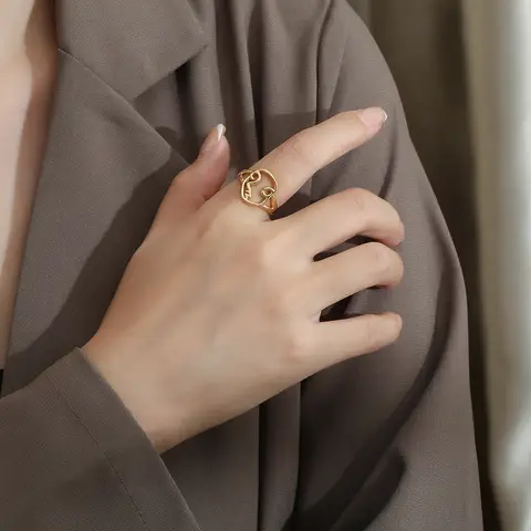 Abstract Human Face Outline Ring Gold/Silver Color Stainless Steel Adjustable Open Ring Minimalist Art Statement Jewelry