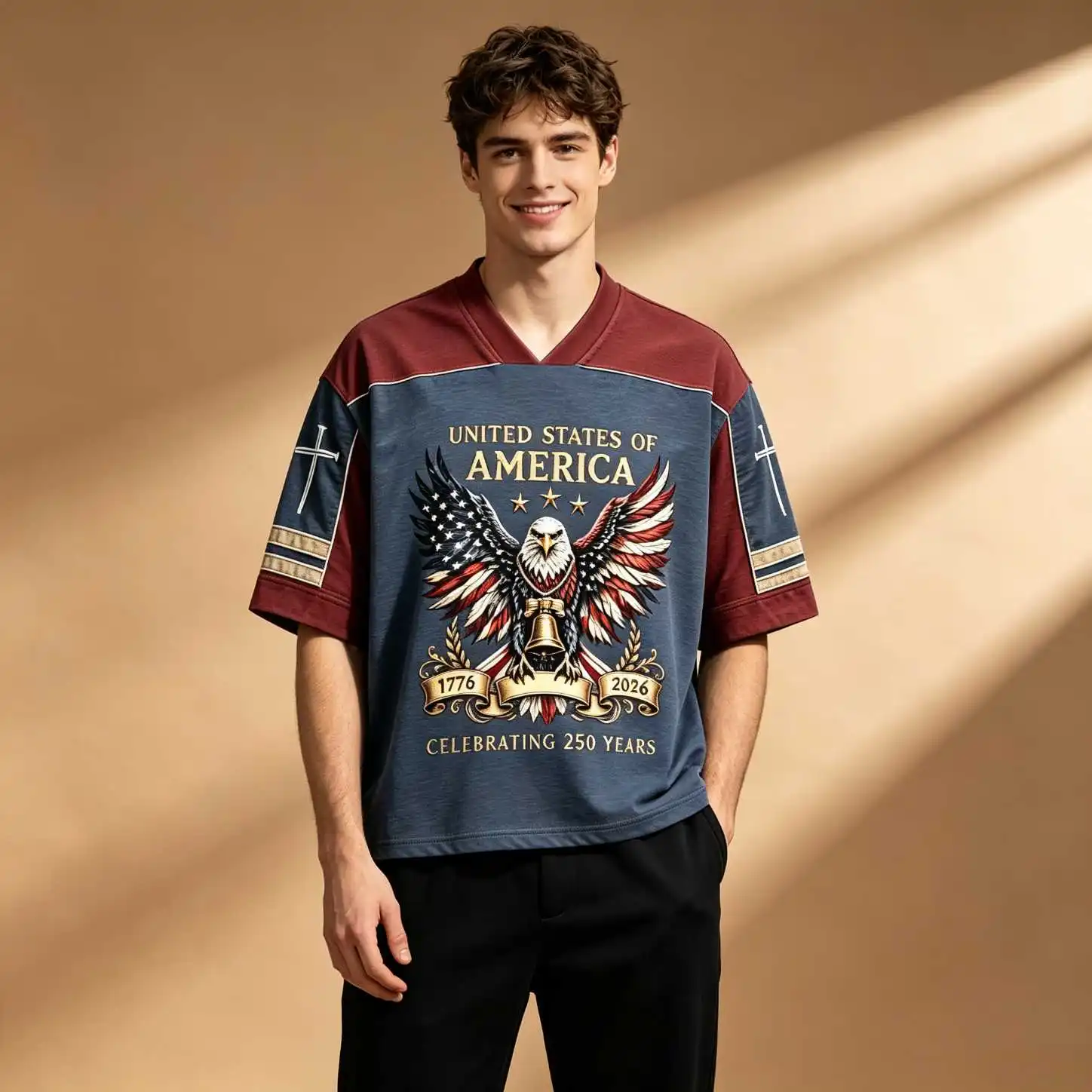 Summer 250th US Eagle Bell Print Men Oversized V Neck Elbow Sleeve Tee, Patriotic Retro Casual Loose Tops