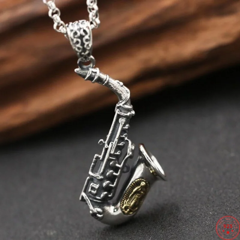 

S925 Sterling Silver Charms Pendants for Women Men New Fashion Ancient Relief Creative 3D Saxophone Punk Jewelry Wholesale