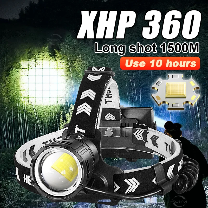 XHP360 Powerful Headlamp Large capacity 3*18650 USB Rechargeable  Head Flashlight Fishing Camping Waterproof IPX6 Head Lantern