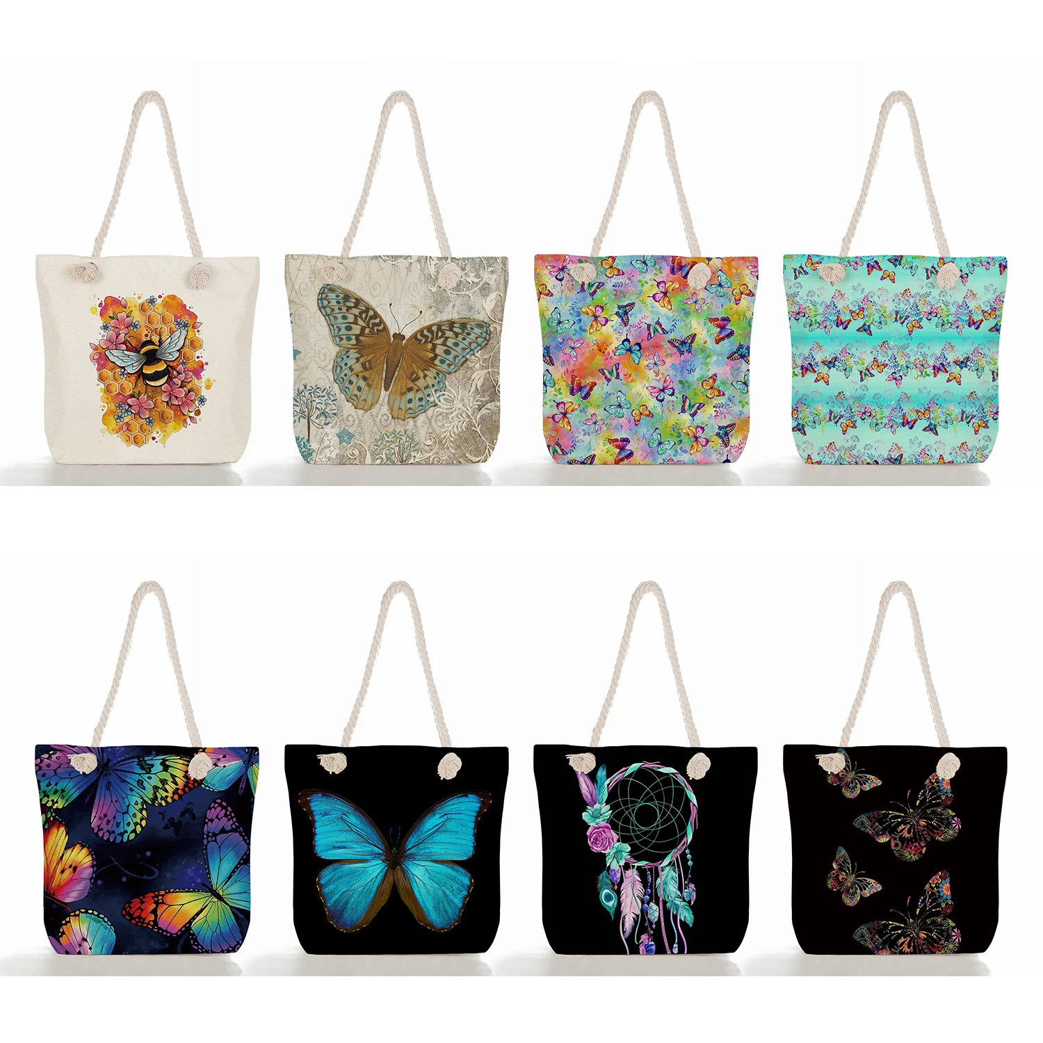 Foldable Fashion Cartoon Beautiful Bright Colors Butterfly Print Women's Beach Bag Thick Rope Handbags Tote Portable Large Size