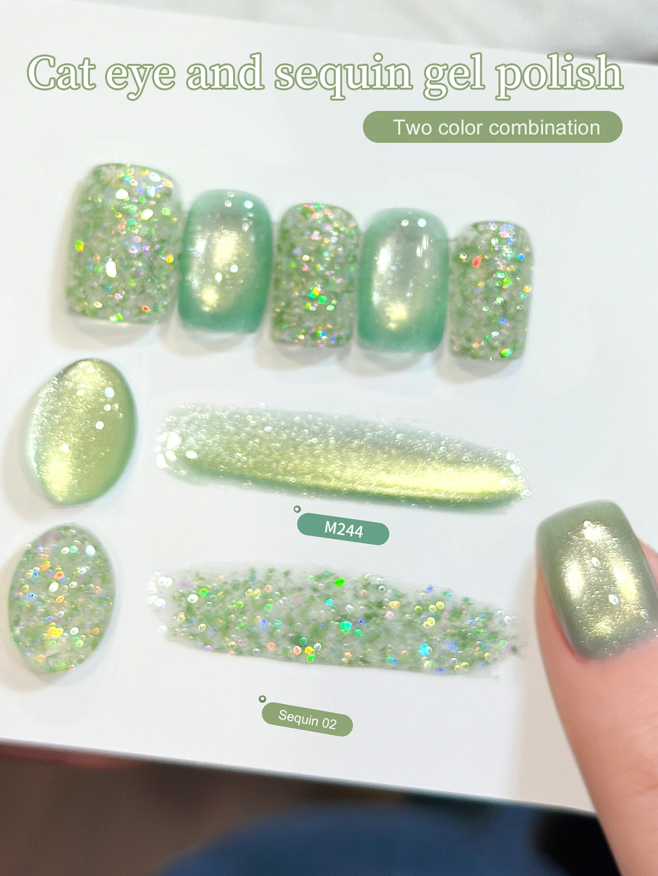 XEIJAYI 2Pcs 15ML Green Cat Eye And Sweet Candy Glitter Nail Gel Set Semi Permanent Nail Art Soaking UV LED Nail Salon DIY Nail