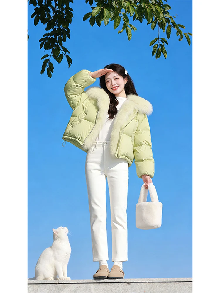 

2026 New een Fre ort Thiened Women's Cotton Jaet with Large Fur Collar Warm Straight Tube Design Winter Coat