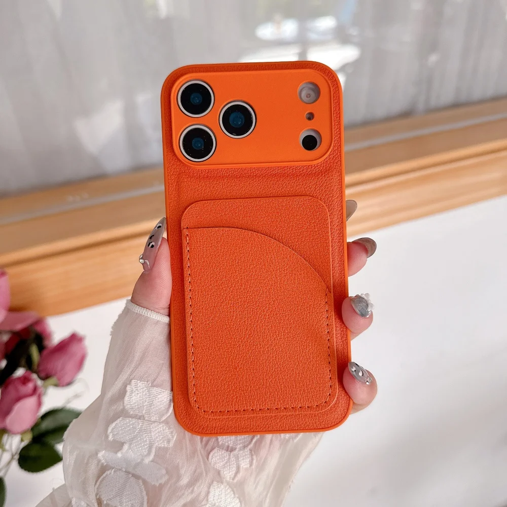 Luxury Advanced Orange Leather Insert Card Phone Case For iPhone 17 Air 16 15 14 13 12 11 X XS XR 8 Plus Pro Max Card Case Cover