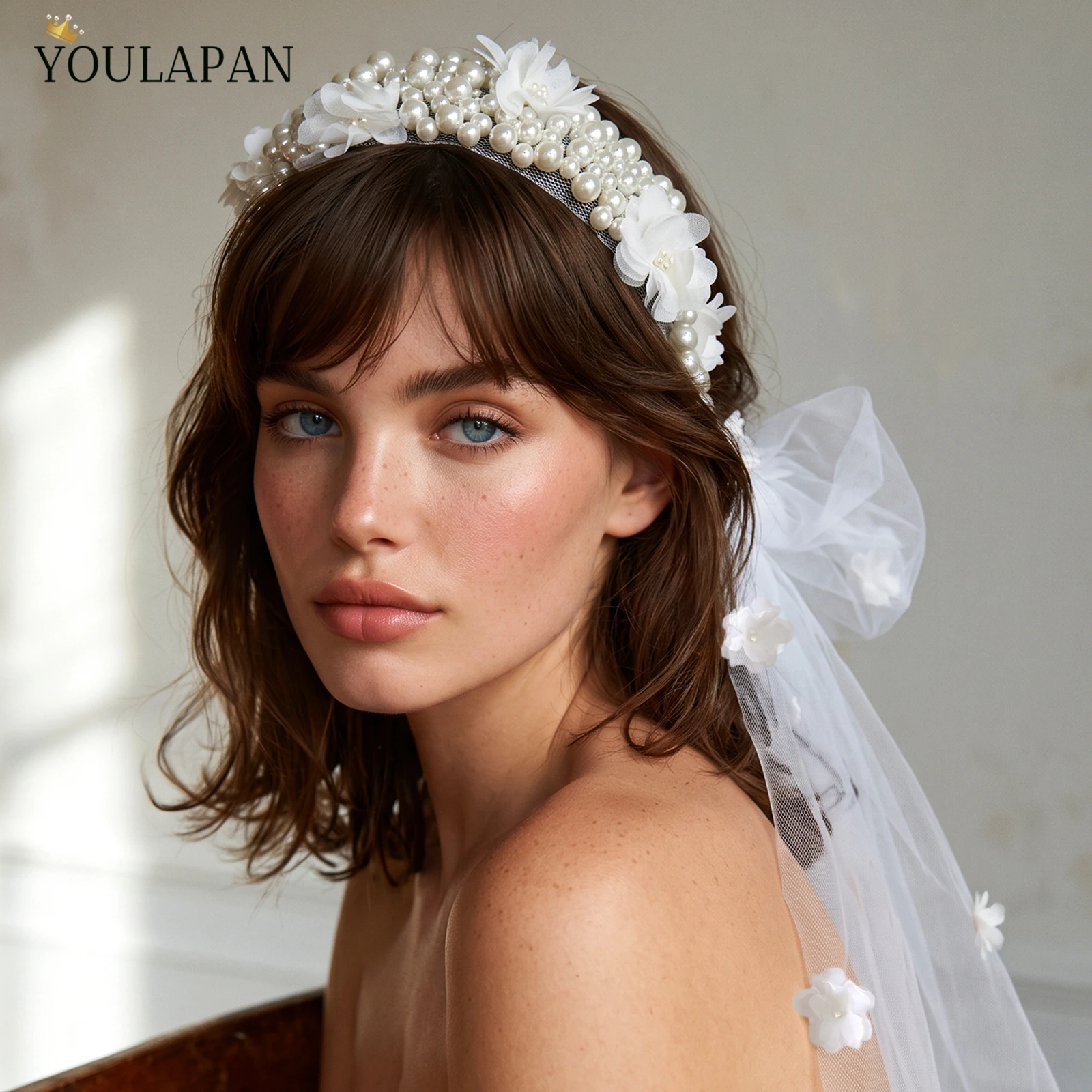 YouLaPan Pearl 3D Flower Tulle Headband Bridal Pearl Headband Long Streamer Bow Bridal Hair Wedding Accessories M121