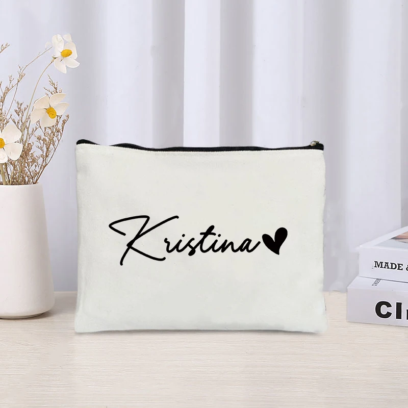 Customized Name with Heart Handbag For Ladies Wedding Gift School Teacher Clutch Travel Cosmetic Organizer Canvas Makeup Bag