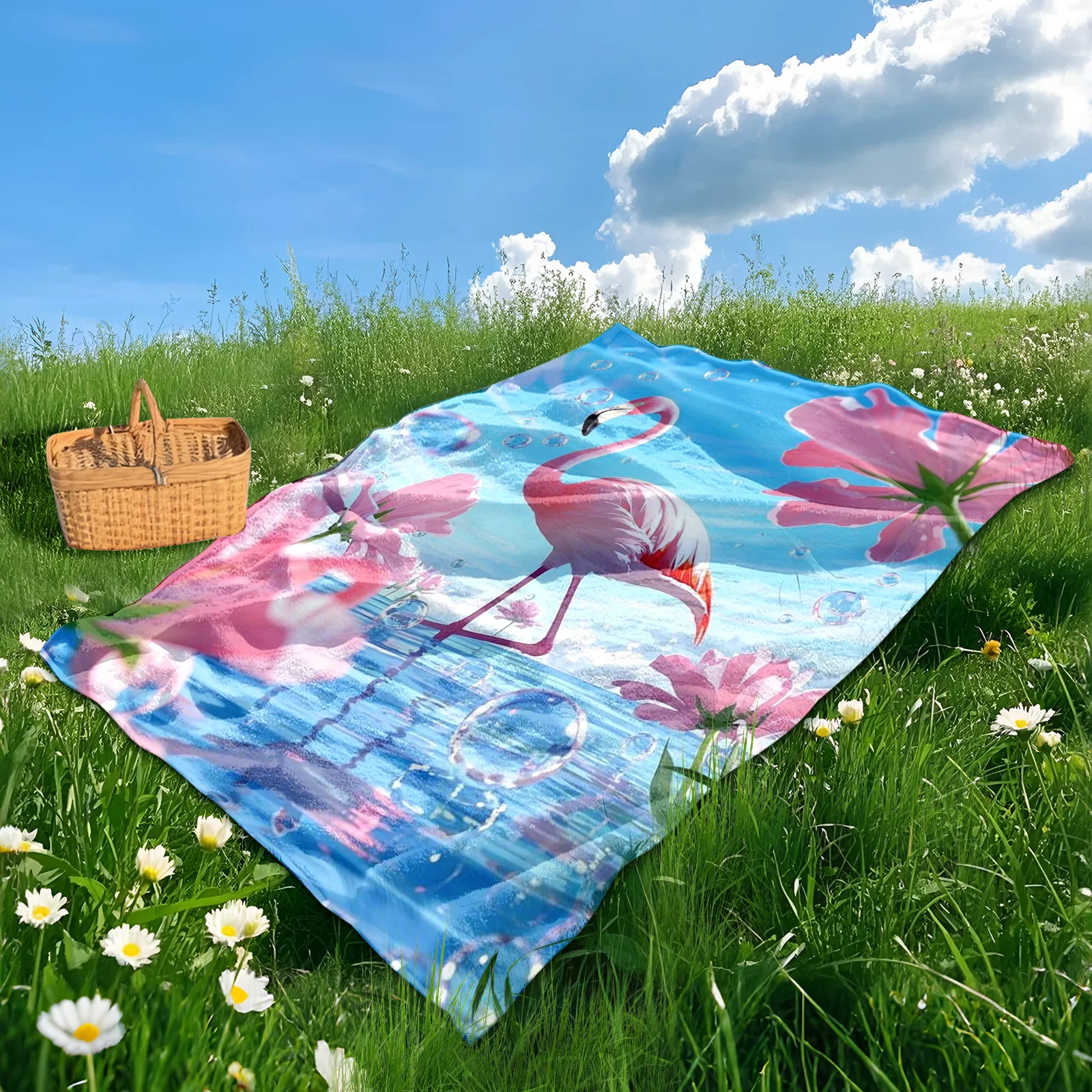 Couverture ludique à motif de fleurs et d'eau, flamant rose, pour une utilisation en extérieur, avec un thème de conception tropicale vibrante et relaxant