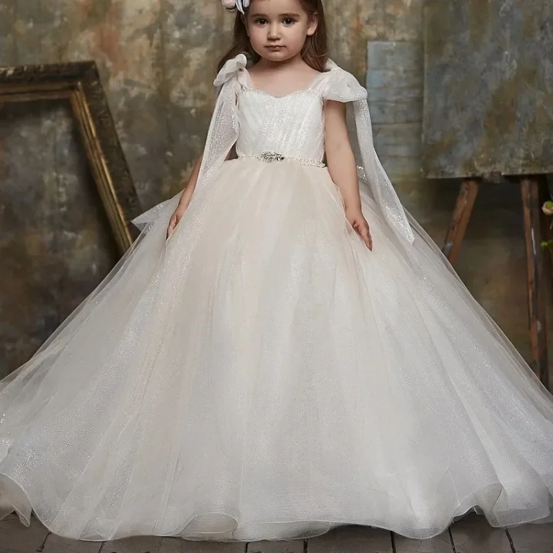 Bogen Ärmel Blumen mädchen Kleid Glitzer Krepp Perlen Gürtel Schnürung Prinzessin Baby Mädchen Geburtstags feier Erstkommunion Brautkleid