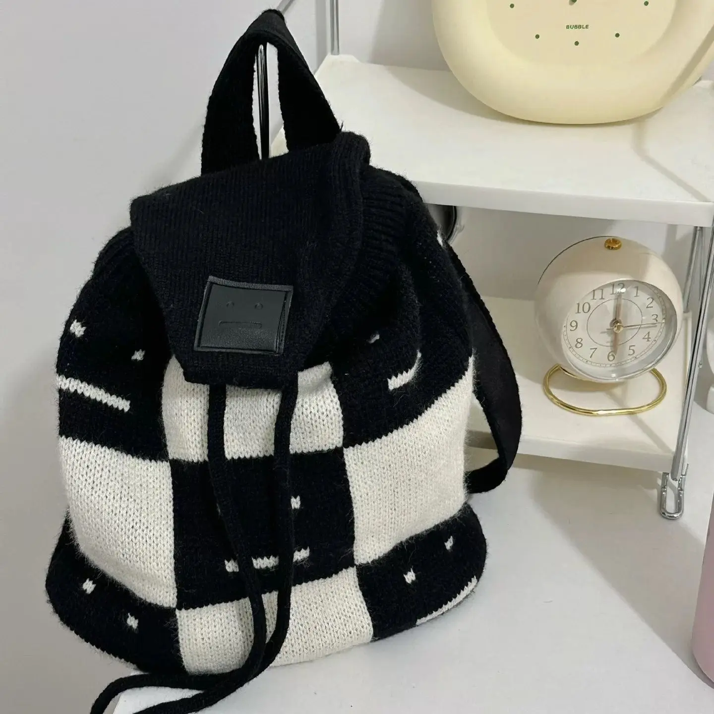 Ins الكورية محبوك ابتسامة الوجه على ظهره المرأة منقوشة كتلة اللون سعة كبيرة الرباط Daypack السيدات اليومية Mochilas Mujer جديد