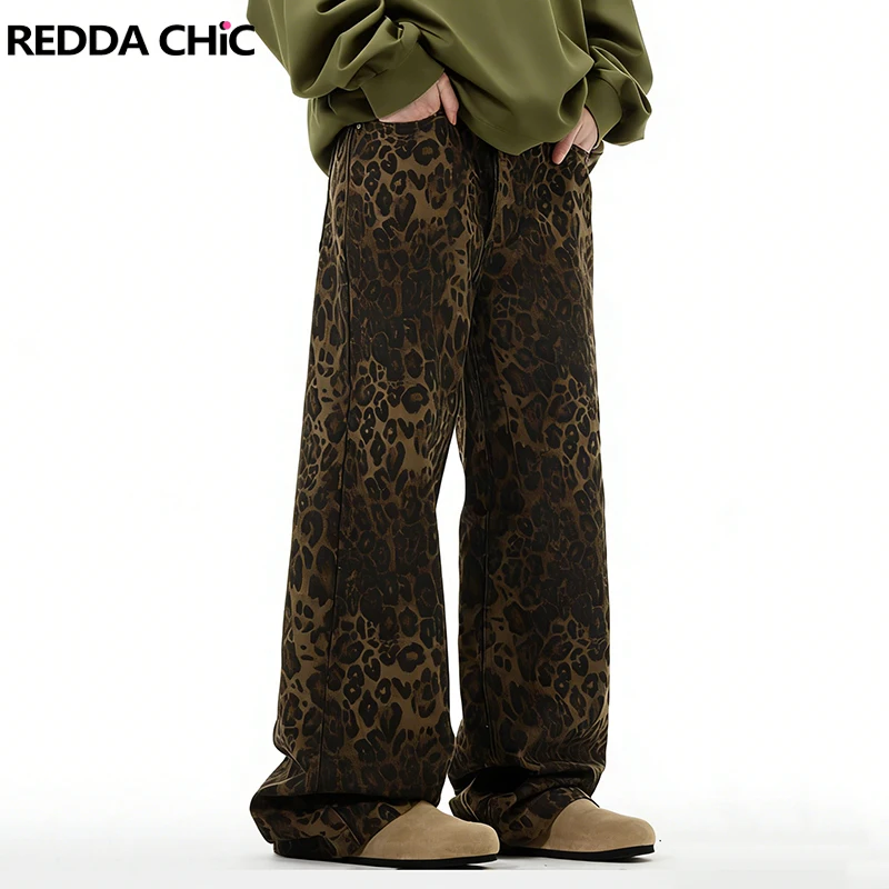 

REDDACHIC Leopard Distressed Baggy Jeans Men Pattern Pockets Loose Straight Wide Leg Pants Korean Vintage Hip Hop Streetwear