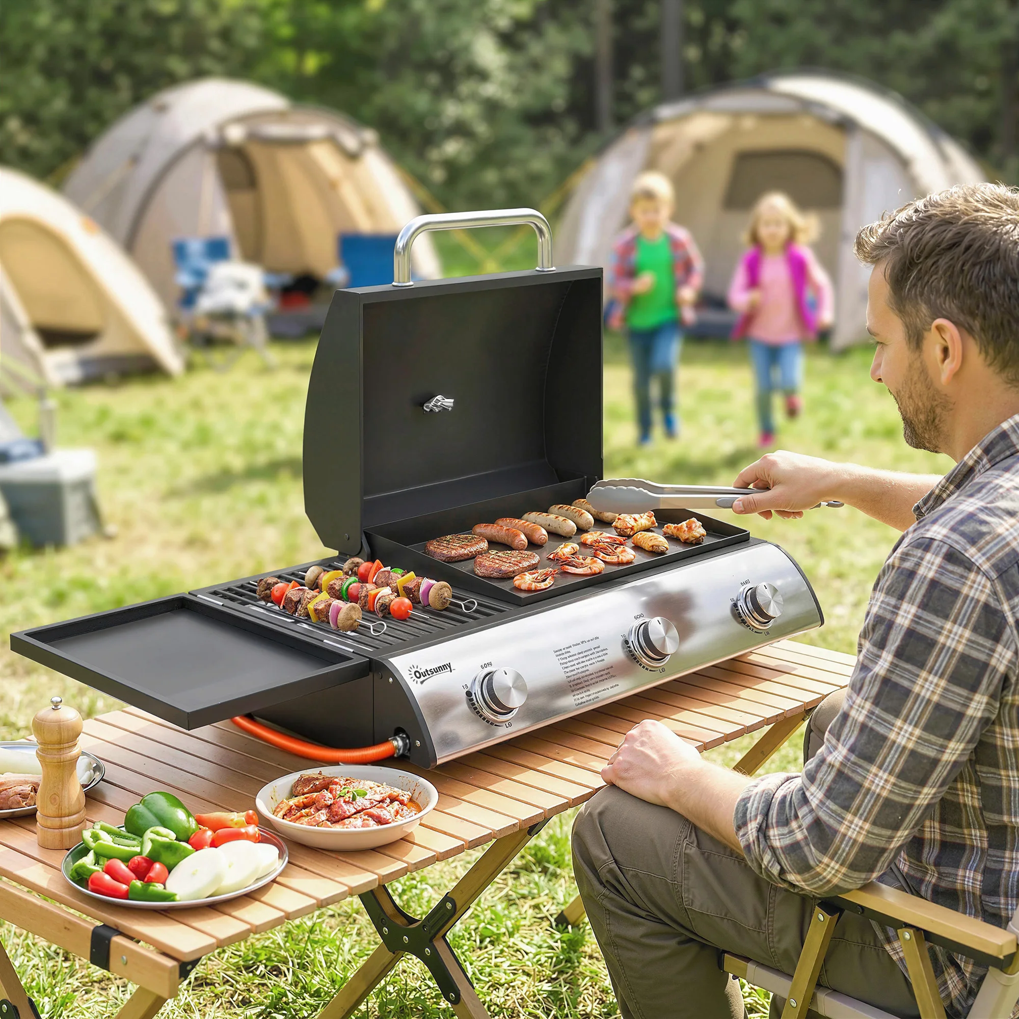 Parrilla y plancha combinadas, parrilla de gas de 7.5 kW, parrilla portátil de sobremesa con 3 quemadores, mesa auxiliar, placa de cocción esmaltada, bandeja de recogida de condimentos