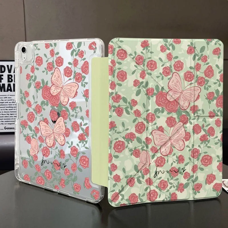 Summer Rose Butterfly Flower Pen Slot Tablet Case For iPad 2026 Air 8 7 6 4 3 2 1 Pro 2024 11in 12th 11 10 9 8 7 6 5th Cover