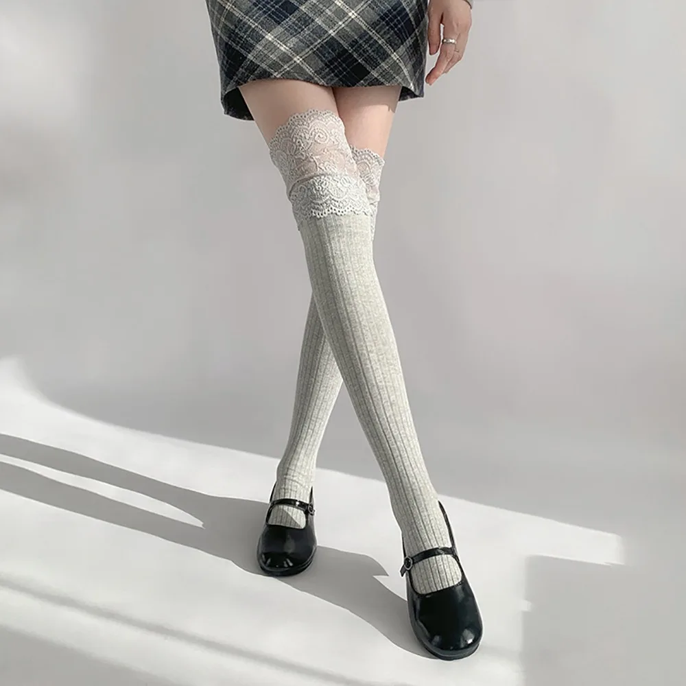 

New Cotton Knee-high Socks Solid Color Lace Thigh High Stockings Keep Warm Balletcore Lolita Socks Autumn Winter