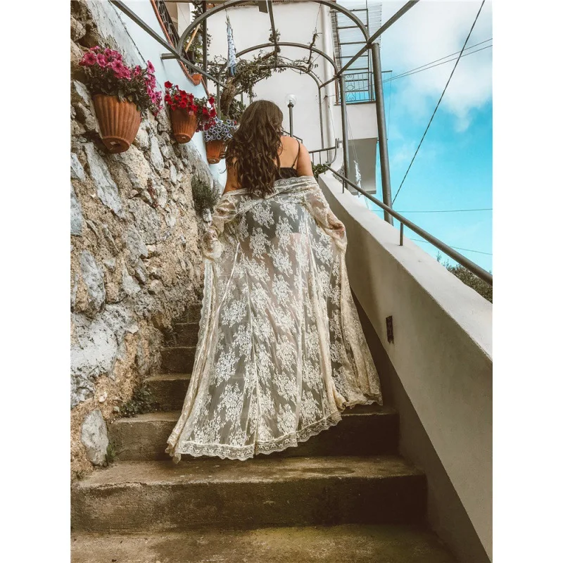 2026Spring Summer Lace Solid Color Loose Beach Cardigan Long Skirt Holiday Bikini Cover Shirt Elegant Fashion Women Clothing