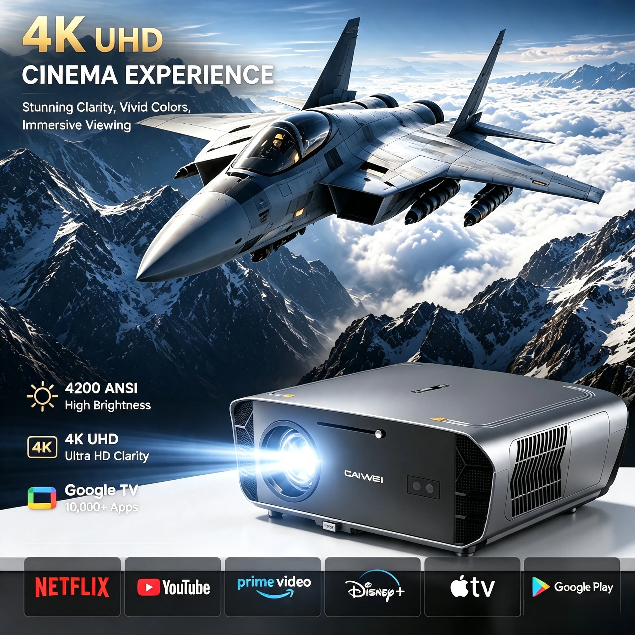 4000ANSI 4K 주간 투사형 프로젝터 울트라 HD HDMI USB 구글 TV 2.4+5G 와이파이 자동 초점 빔프로젝터 스마트 비디오 영화 홈시어터 프로젝터