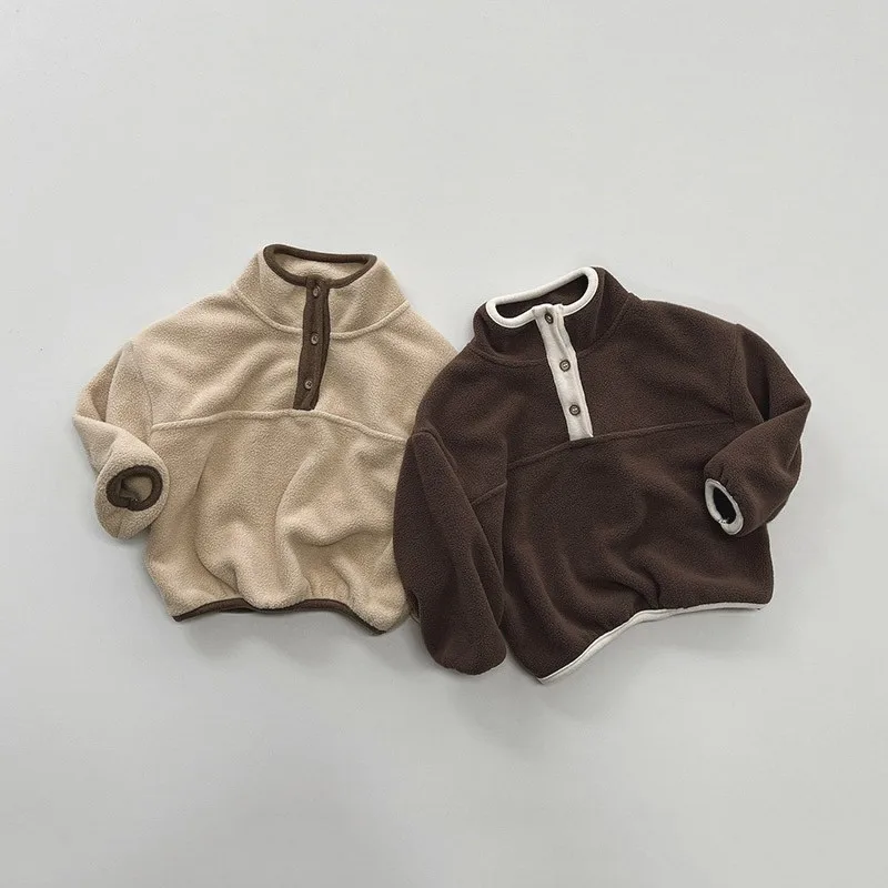 Girl Pullover Fleece Tops Warm Boy Baby Sweatshirt 2025 Winter Kids Plue Velvet Turtleneck Warm Sweatshirts Solid Casual Toddler