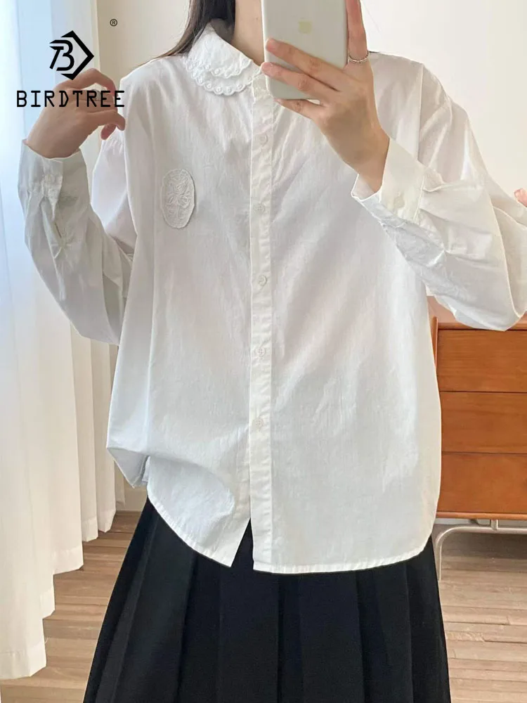 New 2026 Autumn Women Cotton Long Sleeve Shirt, Turn-down Collar Lace, Mori Girl Sweet Japan Preppy Style Loose Blouse T68252CC