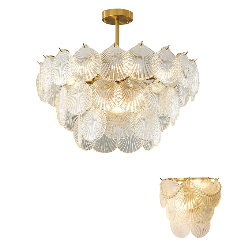 Modern French Style Clear Glass Ceiling Pendant Light Luxury, White Shell Glass Round Pendant Lamp for Living Room Decoration