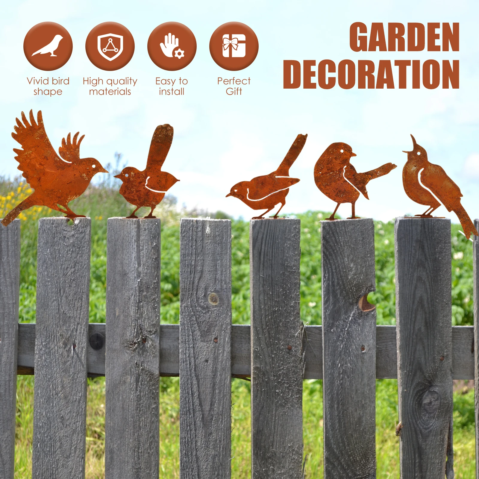 5/10/15Pcs Rusty Bird Sculpture Ornaments Garden Metal Bird Craft Statue Ornaments Suitable for Fence Old Wood Garden Ornaments