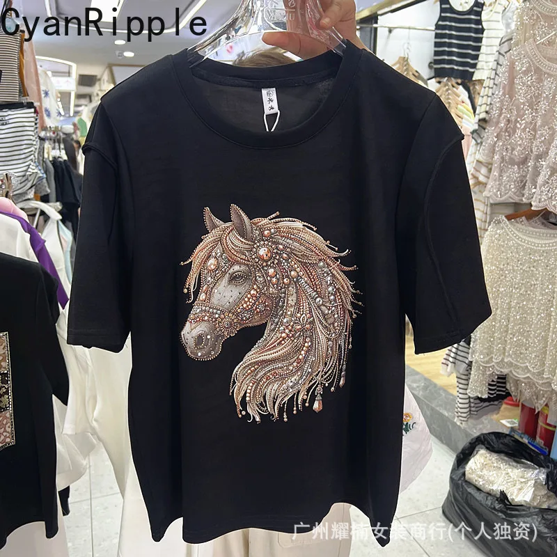 2026 New Spring Summer Women Casual Short Sleeve T-shirt Diamonds Animal Pattern All-match Round Neck Fashionable Cotton Tops