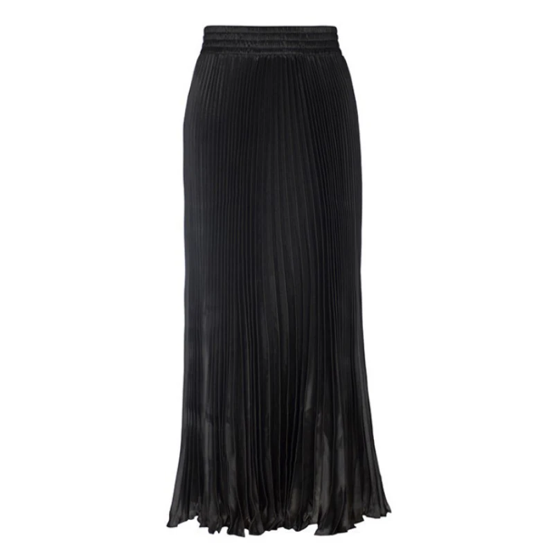 Elegant Pleated Satin Long Skirts For Woman Street Style High-Waist Straight Skirts 2026 Casual Black Ankle Length Skirt Summer
