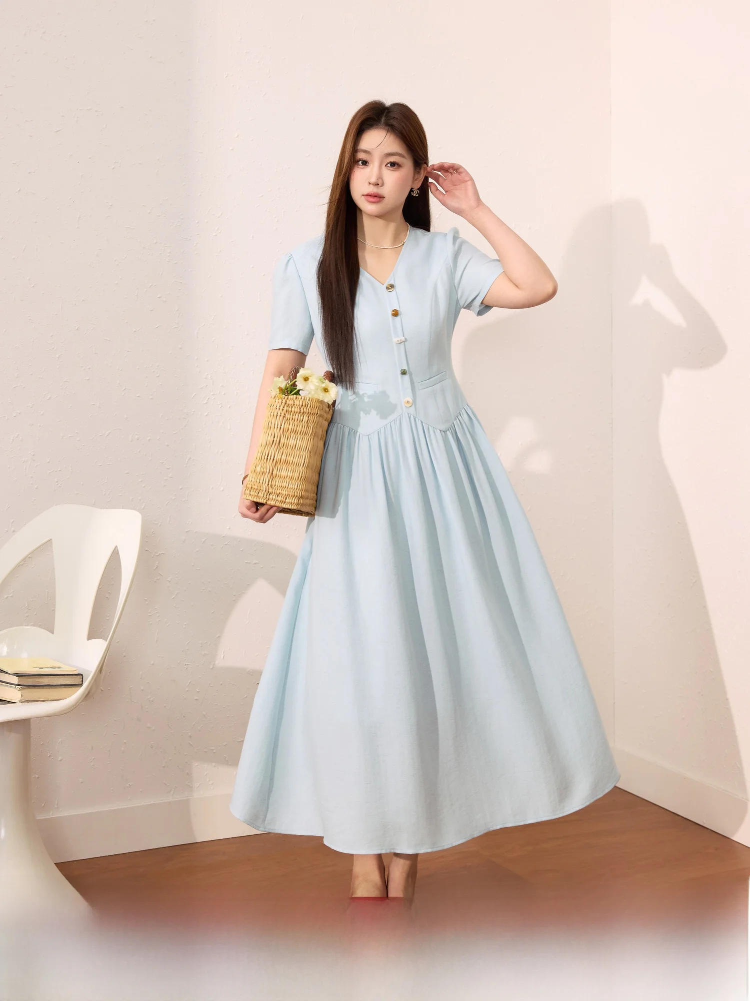 

Ele Oxygen Milk Blue Large Size Women's Dr Rayon Waist Cinching Slimming Summer New Sle Commute Sle A-Line ...
