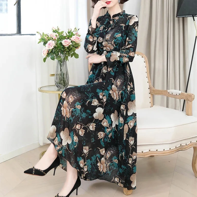 Autumn Attire Mom\'s Costume Chiffon Lotus Collar Long Printed Dress 2024 New Female Fashion Chiffon Floral Long Sleeved Dresses
