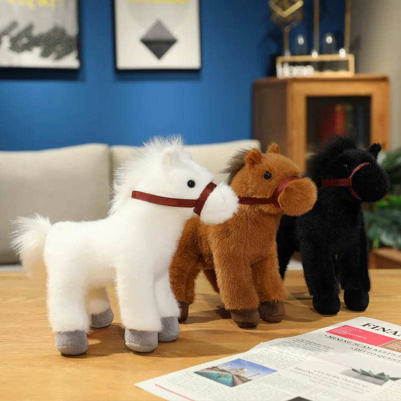 23cm High Quality Super Realistic Pony Plush Toys Lifelike Brown Black Horse Soft Stuffed Animal Standing Horse Doll Gifts