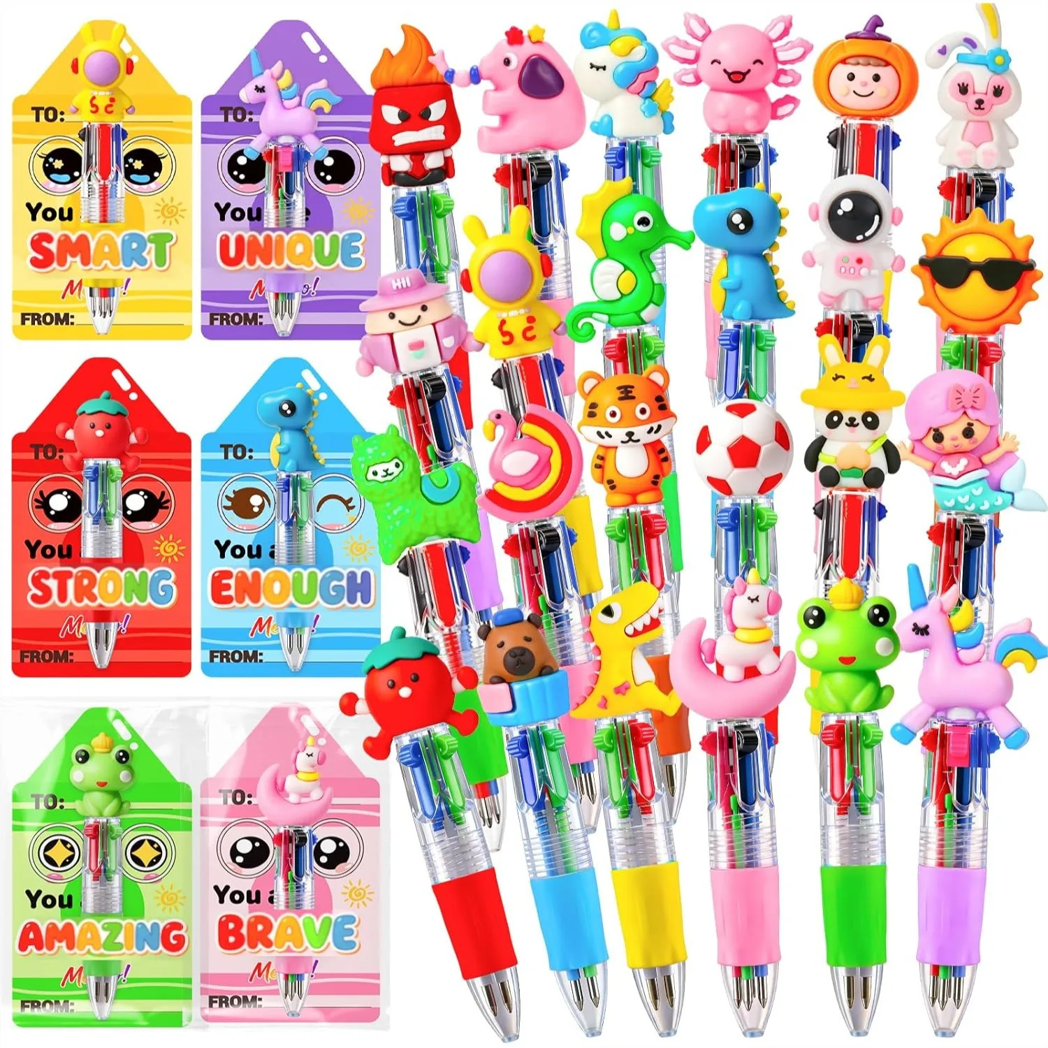 

24 Pack 4-in-1 Multicolor Retractable Ballpoint Pens with Crayon Cards for End of Year Student Gifts from Teacher Classroom
