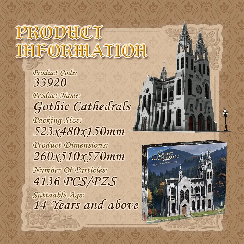 33920 Gothic Cathedral Architectural Model Puzzle Toy, Street Scene Series Building Blocks Toy Set, Children's Birthday Toy Gift