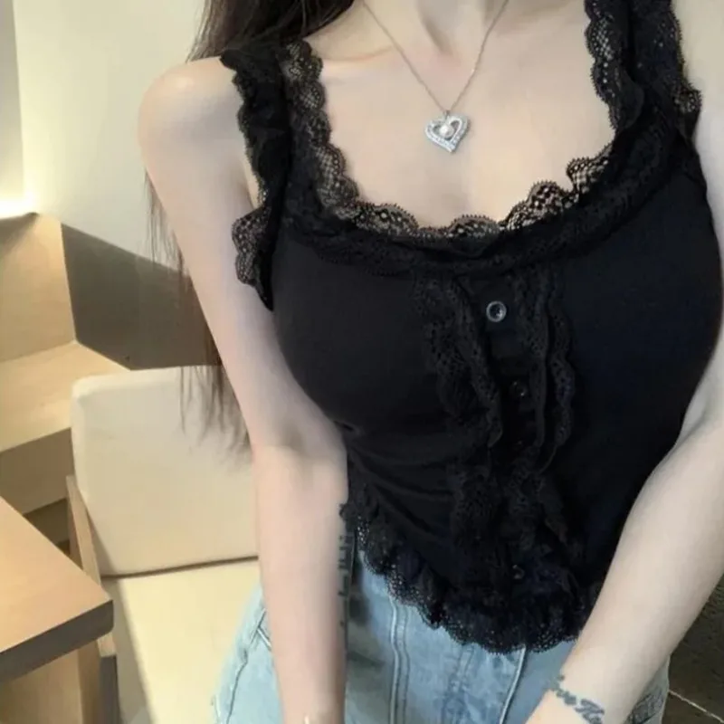 Top corto sexy con finiture in pizzo Canotte dolci chic per le donne Reggiseno incorporato Backless Autunno Innerwear attillato carino Top con cinturino per spaghetti