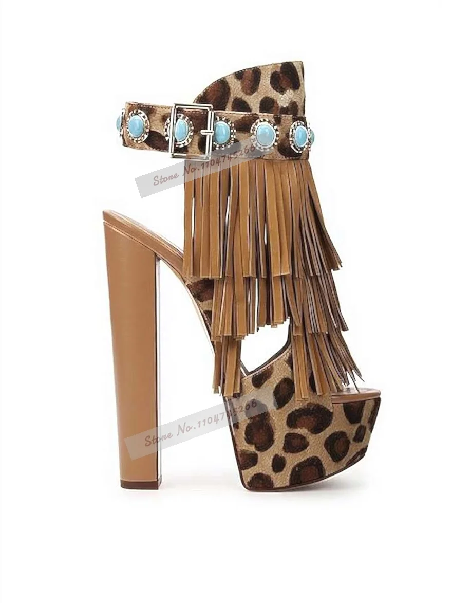 Turquoise Beaded Stone Button Chunky Heel Sandals Leopard Sude Brown Fringe Platform Dress Shoes Cut Out Buckle Strap Shoes view 4