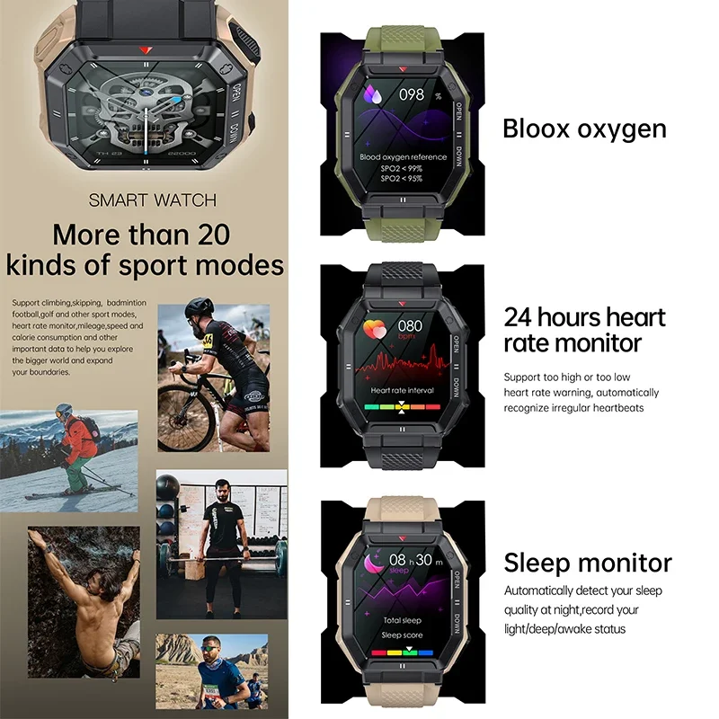 Sacosding Outdoor Militaire Horloges Bluetooth Call Smartwatch Hartslagmeter Klok Sport Mannen Horloge Voor Xiaomi Realme Huawei