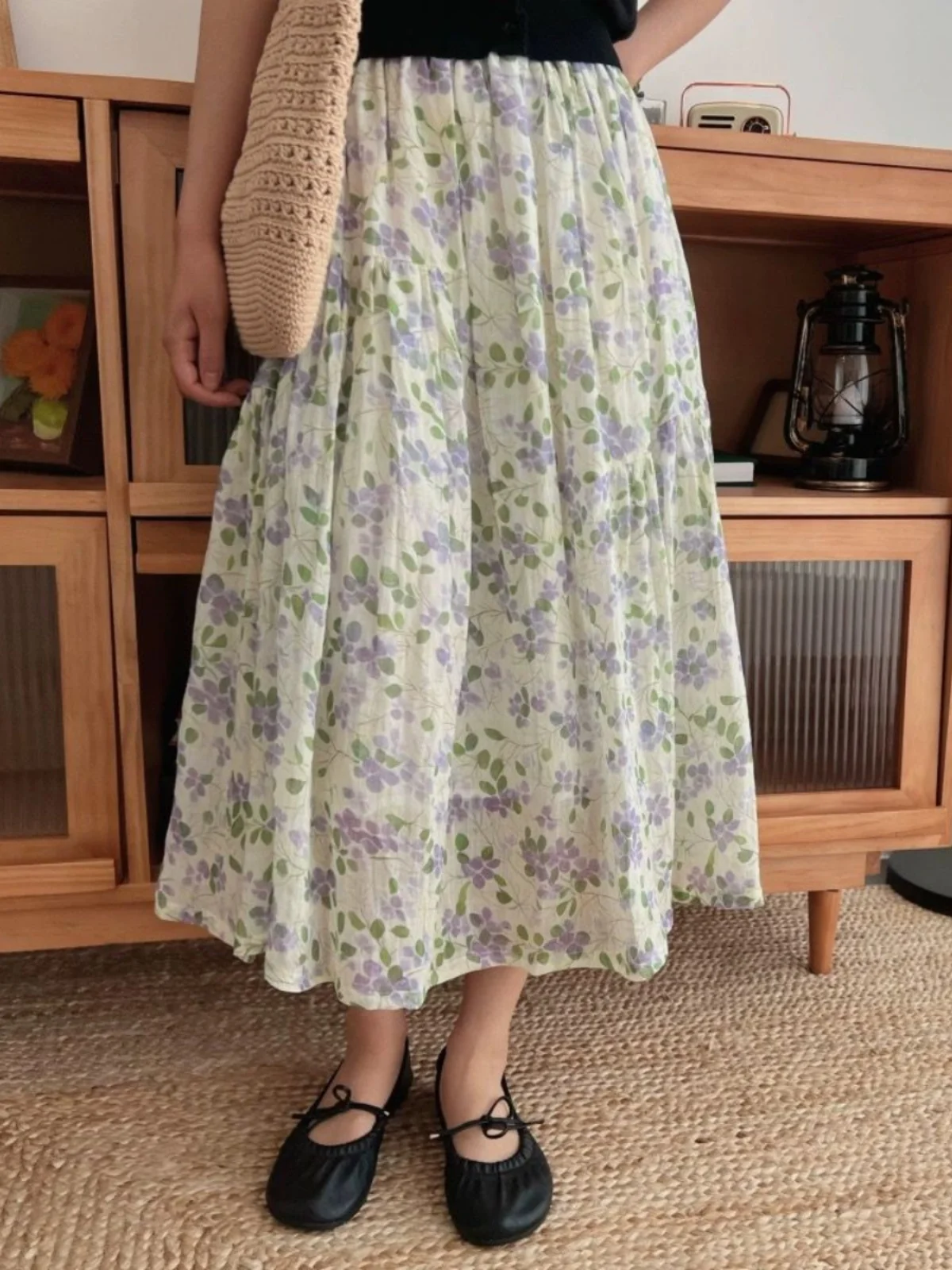 Jupe d'été en coton et lin pour femmes, taille haute, amincissante, longueur Midi, drapée, ligne a, jupe parapluie, imprimé Floral