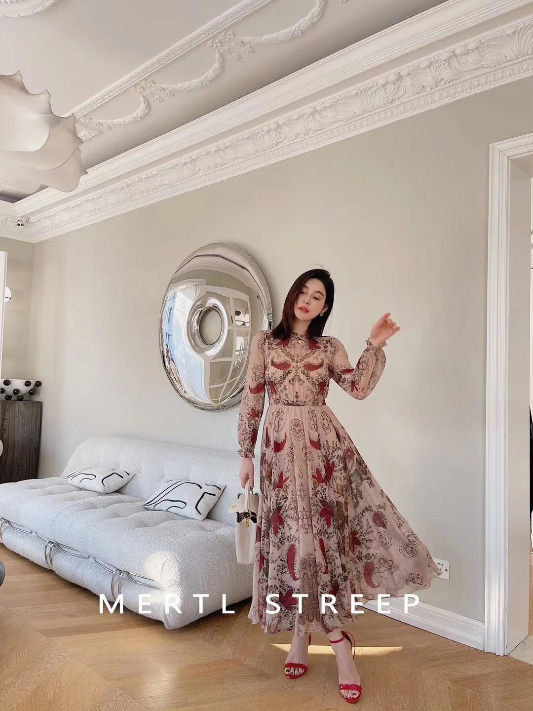 Summer bohemian luxurious chiffon 100% silk maxi length long sleeve dress
