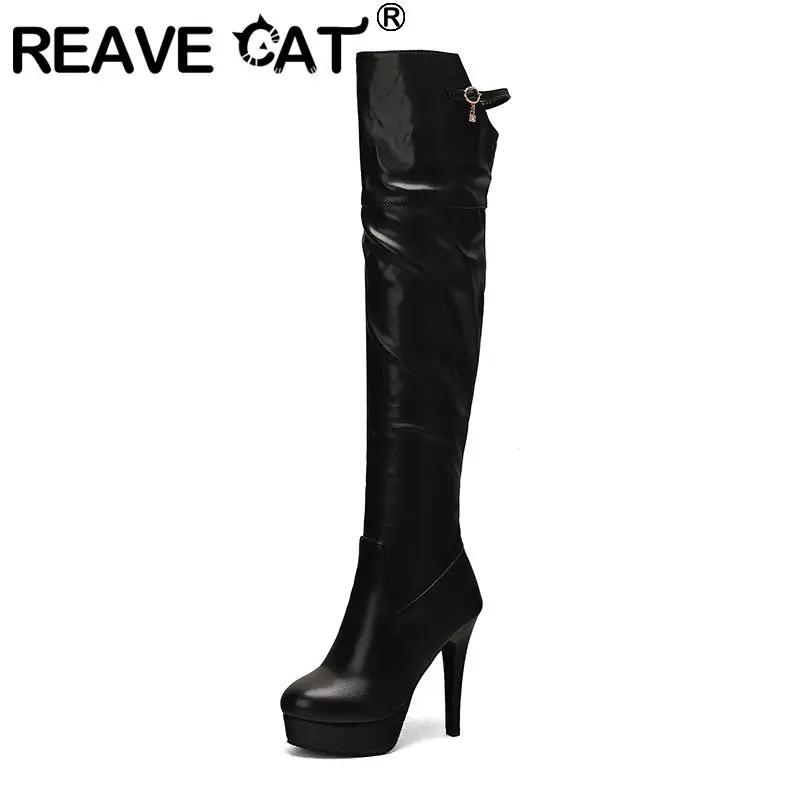 

REAVE CAT 2025 Сексуальные сапоги до бедра с круглым носком на тонком каблуке 12,5 см на платформе 3 см на молнии размера плюс 48 49 50 Модная вечеринка выше колена Bota
