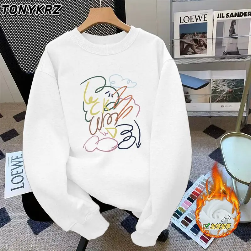 White Gray Internet Celebrity Round Neck Pullover Hoodie with Fleece Warm Jacket for Women