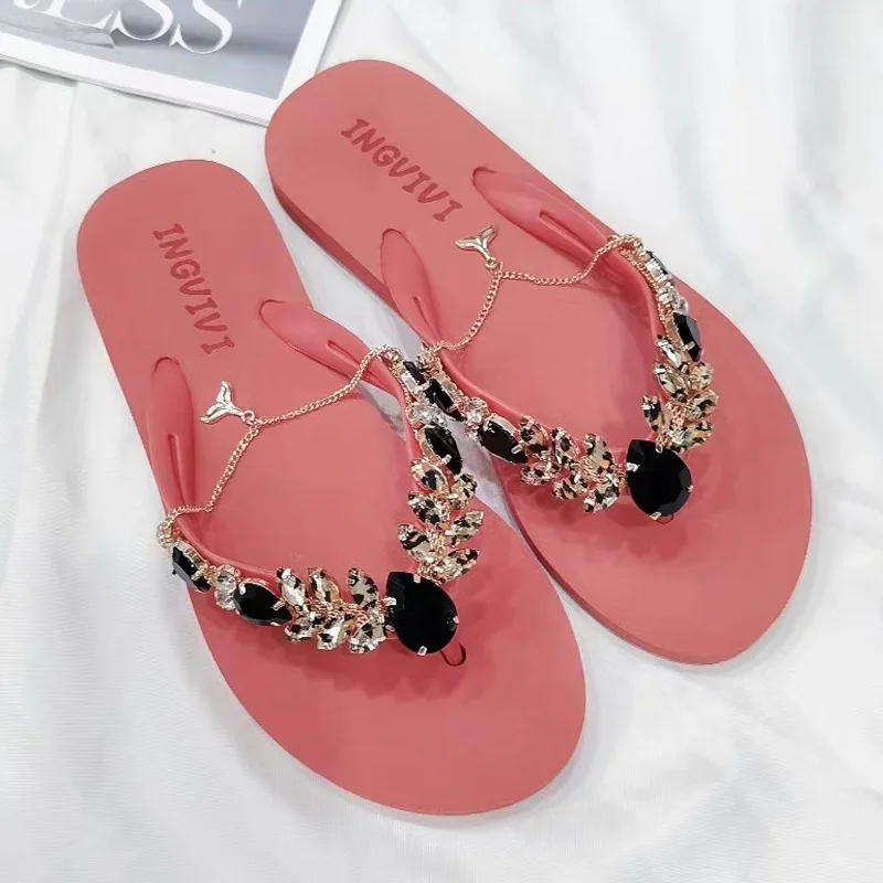 Summer Women Flip Flops Beach Vacation Luxury Slippers Rhinestone Sides Sandals Flat With Soft Casual Shoes For Female