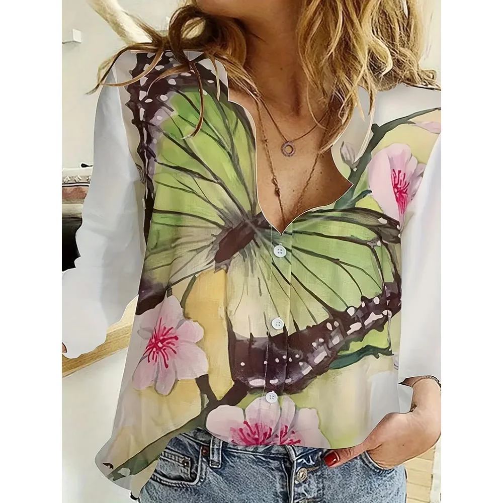 Elegant Women's Long Sleeve Shirts Spring And Autumn Women's Basic Shirts New 3d Butterfly Print Single-Breasted Tops Plus Size