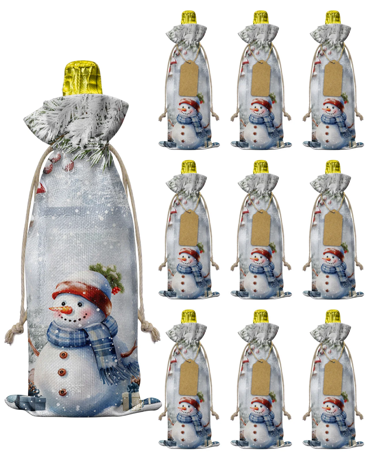 10pcs Christmas Snowman Holly Fir Tree Wine Bottle Bag with Drawstring Festive Party Decor Wine Bottle Covers Xmas Gift