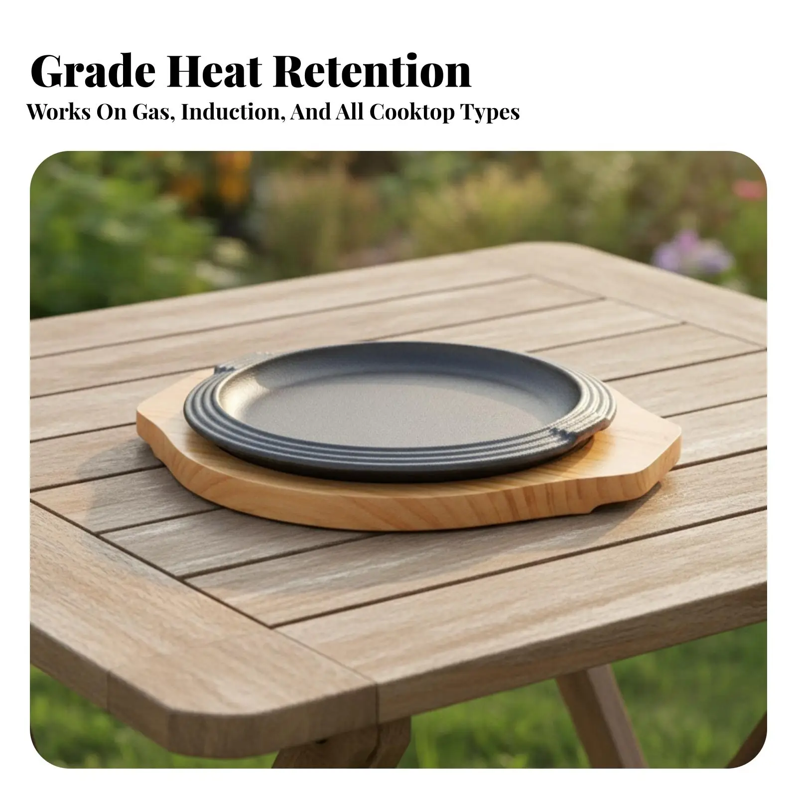 Cast Iron Plate with Wooden Base Uncoated Cast-Iron Pan with Wooden Board Skillet Induction-Safe for Steak Lovers