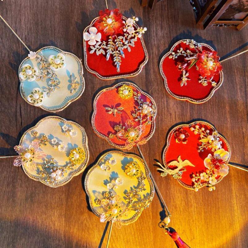 Chinese Style Embroidery Fan With Ancient Style Long Handle Tassel Mini Wedding Fan Chinese Hanfu Cheongsam Dance Hand Fan